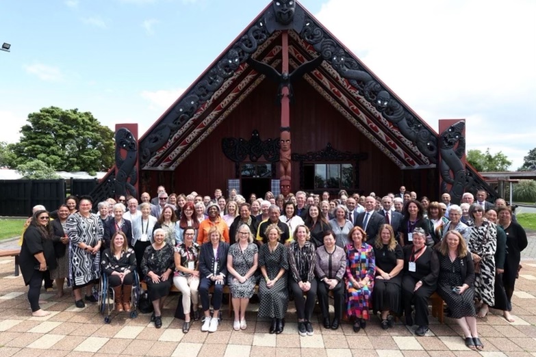 A selection of participants in the IWG World Conference enjoyed a special ceremony of greetings and well wishes presented by the Māori hosts at the Ōrākei marae. (IWG Photo/IWG organizing committee)